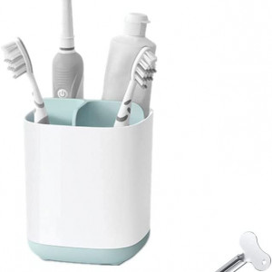 Suport pentru periuta de dinti cu storcator pentru tub Senmil, plastic/metal, alb/albastru, 18 x 9,4 x13,2