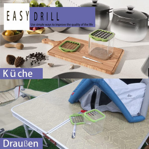 Taietor multifunctional de fructe/legume EASYDRILL, plastic/otel inoxidabil, transparent /verde/argintiu, 8,9 x 8,9 x 8,9 cm