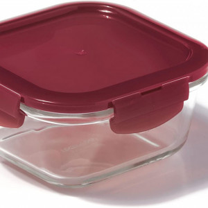 Caserola cu capac pentru depozitarea alimentelor LOCK & LOCK, sticla/plastic,transparent /visiniu, 14 x 14 x 6,7 cm