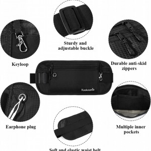 Centura pentru fitnes cu buzunar pentru telefon si casti Kookoomia, nailon, negru, 36 x 14,8 cm / 69-103 cm