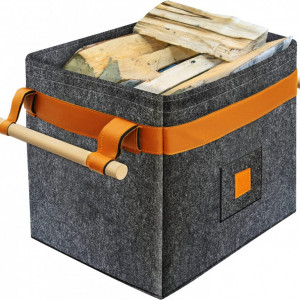 Cos pentru lemne HUYIWEI, poliester/lemn/piele sintetica, gri/maro, 43 x 32 x 34 cm