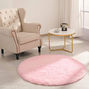 Covoras rotund din blana Vofushon, roz, poliester, 140 x 140 cm