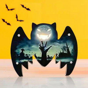 Decoratiune pentru Halloween, LED, lemn, albastru/negru, 18 x 23,5 cm