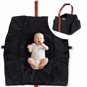 Geanta/patura pentru bebelusi MAMA MIRA!, poliester/piele PU, negru/maro, 50 x 58 cm