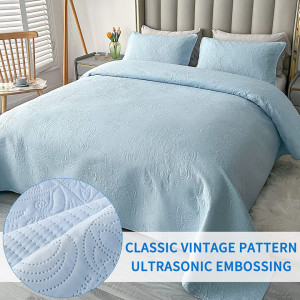 Lenjerie de pat 3 piese Qucover, poliester, albastru deschis, 240 x 260 cm/ 50 x 75 cm