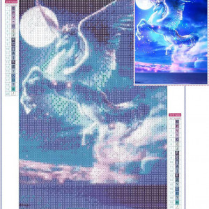 Pictura cu diamant 5D Sxfxiaohe, unicorn,panza/rasina, albastru, 30 x 40cm