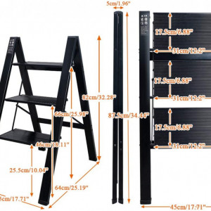 Scara pliabila cu 3 trepte BAOYOUNI, aluminiu, negru, 45 x 67 x 82 cm