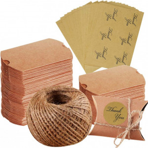 Set de 100 cutii cu autocolante si rola de iuta pentru cadouri Simuer, hartie/textil, maro, 9 x 6,5 cm