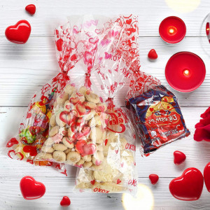 Set de 100 pungi pentru dulciuri Kesote, platic, transparent/rosu, 27,5 x 12,5 cm