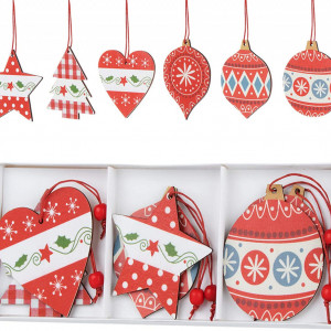 Set de 12 ornamente pentru brad Agoer, lemn, multicolor, 8-9 cm