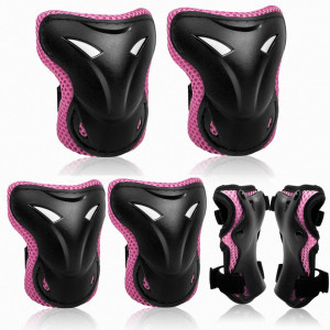 Set de 2 genunchiere, 2 cotiere si 2 protectii pentru incheietura LUCTHY, PVC, negru/roz