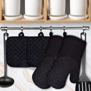 Set de 2 manusi cu 2 perne pentru bucatarie SerDa-Run, negru, silicon, 31 x 17 cm / 17,5 x 17,5 cm