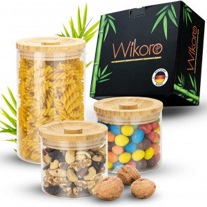 Set de 3 recipiente pentru alimente Wikoro, sticla/bambus, transparent/natur, 1000/500 ml