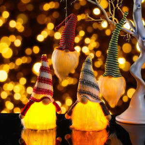 Set de 4 gnomi de Craciun iluminati Threan, textil, LED, multicolor, 25 cm / 20-31 cm