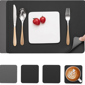 Set de 4 naproane si 4 coastere Myir JUN, piele, negru/gri, 30 x 43 cm / 10 x 10 cm
