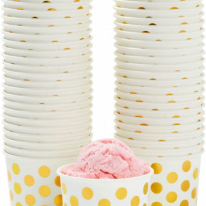 Set de 50 cupe pentru inghetata BLUE PANDA, hartie, alb/auriu, 8,9 x 5,6 cm , 237 ml