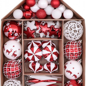 Set de 70 ornamente pentru brad Victor's Workshop, plastic, alb/rosu, 3-6 cm