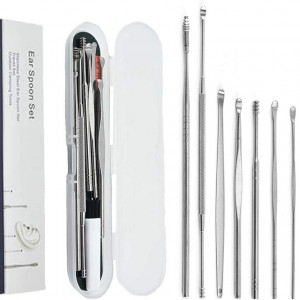 Set de 8 accesorii pentru curatarea urechilor CCLKHY, otel inoxidabil/plastic, argintiu/alb