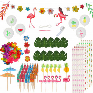 Set de petrecere Tropical Hawaiian ZERHOK, plastic/hartie, multicolor, 115 piese