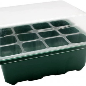 Tava cu capac si 12 locuri pentru rasaduri Voarge, plastic, negru/transparent, 19 x 14.5 x 11 cm