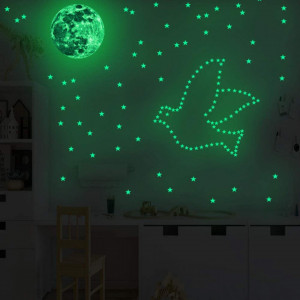 Autocolante luminoase de perete DAXIAO, luna si stele, verde, PVC, 30 x 30 cm / 12,5 x 17,5 cm