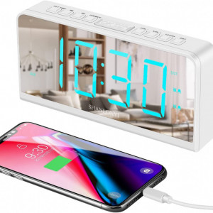Ceas cu alarma SHANLONYI, afisaj LED, incarcare USB, alb /verde, 17,7 x 3,8 x 9,5 cm