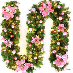 Ghirlanda de Craciun Laiashley, cu lumini LED, PVC,verde/ roz, 2,7m