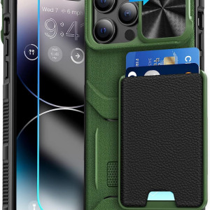 Husa de protectie slot pentru card glisant compatibila cu iPhone 14 Pro 5G 2022 HWeggo, policarbonat/poliuretan, verde alpin, 6,1 inchi