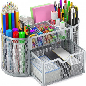 Organizator de birou Haugo, metal/cauciuc, argintiu, 22 x 14 x 12,7 cm