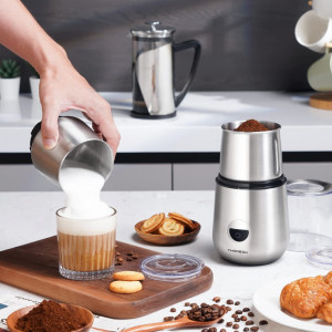 Rasnita electrica de cafea cu frother lapte TWOMEOW, otel inoxidabil, argintiu, 200W, 12 x 12 x 21 cm