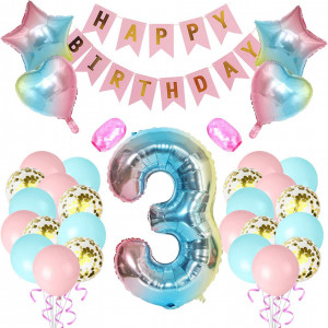 Set aniversar pentru 3 ani Amycute, multicolor, folie/latex, 30 piese