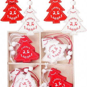 Set de 12 ornamente pentru brad Anyingkai, lemn, alb/rosu, 5 x 5,7 cm