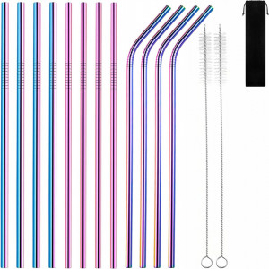 Set de 12 paie reutilizabile si 2 perii de curatare PenuSpt, otel inoxidabil, multicolor, 22 cm