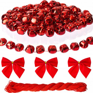 Set de 120 clopotei pentru Craciun cu 12 fundite si o rola de bumbac Naler, rosu, plastic/textil, 25 x 25 mm/ 60 x 50 mm