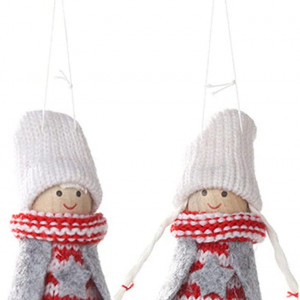 Set de 2 decoratiuni de Craciun DYWW, lemn/textil, gri/alb/rosu, 10 x 4 cm