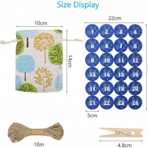 Set de 24 saculeti cu autocolante si clipsuri pentru calendar de advent HAMOOM, textil,/hartie/lemn, multicolor