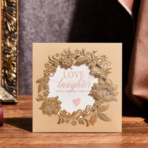 Set de 25 invitatii pentru nunta cu foaie in interior si plic Heartye, hartie,auriu/alb, 15 x 15 cm
