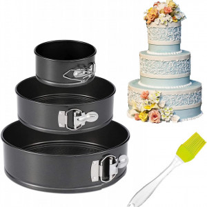 Set de 3 forme pentru tort si o pensula Yesloo, otel/silicon, negru/verde, 11/18/23 cm