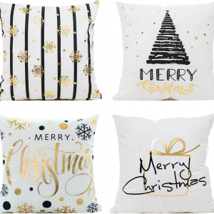 Set de 4 fete de perna de Craciun Sumtoco, negru/alb/auriu, textil, 45 x 45 cm