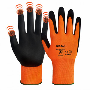 Set de 4 perechi de manusi pentru lucru DOJA Barcelona, nailon/spuma de nitril, pentru ecran tactil, portocaliu/negru,S