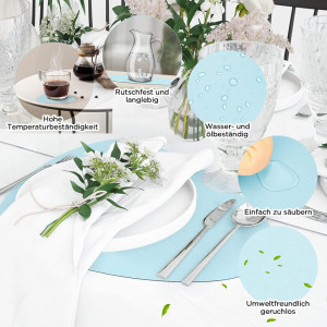 Set de 6 naproane si 6 coastere K KUMEED, piele artificiala, albastru deschis/gri, 31 x 40 cm / 13 cm
