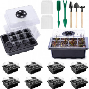 Set de 8 tavi pentru gradinarit cu unelte Sunshine, 33 piese, plastic/metal/lemn, negru/transparent