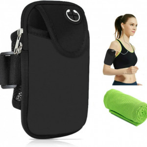 Set de banderola pentru alergare/antrenament si prosop CYchen, nailon, negru/verde, compatibil cu telefoanele de pana la 6,5 inchi