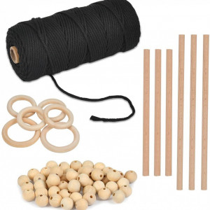 Set de creatie cu macrame BUYGOO, negru/natur, bumbac/lemn, 110 piese