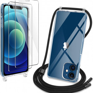 Set de husa cu snur si 2 folii de protectie pentru iPhone 12 Pro YIRSUR, plastic/sticla/metal, transparent/negru