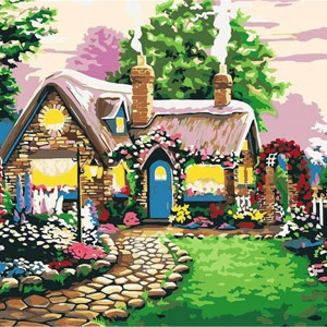 Set de pictura cu numere CaptainCrafts, vopsea acrilica, model casuta, multicolor, 40 x 50 cm