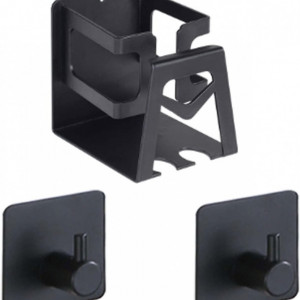 Set de suport pentru pasta si periuta de dinti si doua carlige multifunctionale ColevoHo, negru, metal,