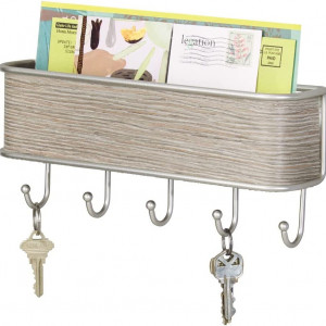 Suport de perete pentru corespondenta/chei mDesign, lemn/metal, natur/gri, 26,7 x 6,4 cm