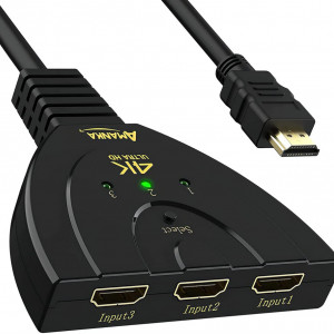 Comutator HDMI Amanka, 3 intrari si o iesire, negru/auriu, 50 cm, 4K