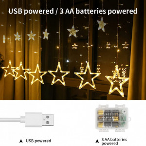 Cortina de lumini cu 138 LED-uri si 12 stele DANGZW, alb cald, USB, baterie, 2,5 m